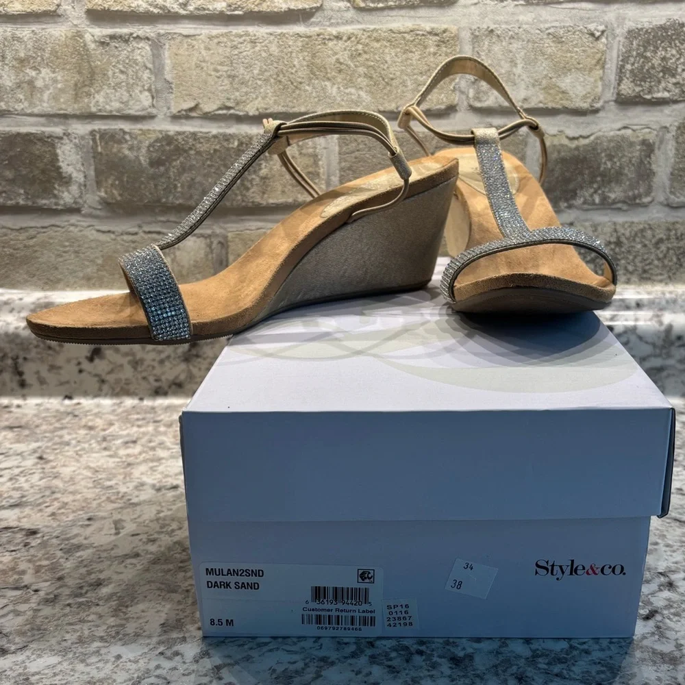 Style & Co Milano elegant sparkly rhinestone strappy wedge sandals, worn once - Picture 2 of 4